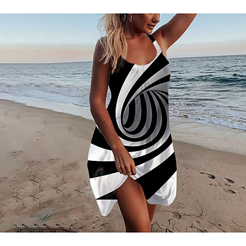 

Women's A Line Dress Knee Length Dress Black Sleeveless Striped Color Block Patchwork Print Summer Round Neck Elegant Sexy Holiday Going out Slim 2021 M L XL XXL 3XL