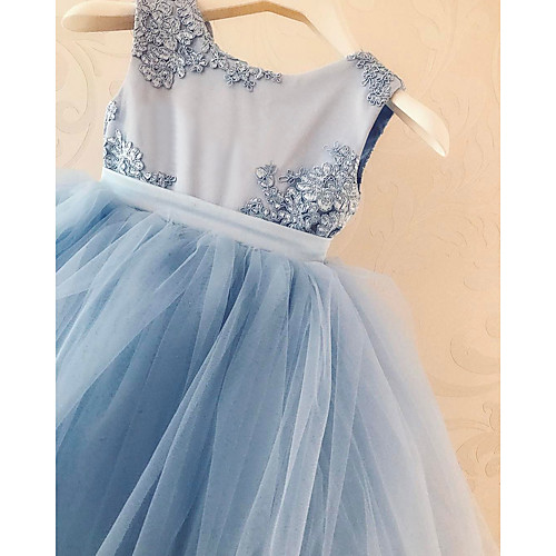 

A-Line Knee Length Flower Girl Dresses Party Tulle Sleeveless Jewel Neck with Appliques