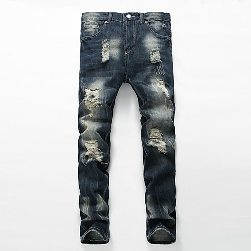 

Men's Chino Ripped Casual Daily Straight Pants Solid Colored Full Length Pocket Hole Deep Blue