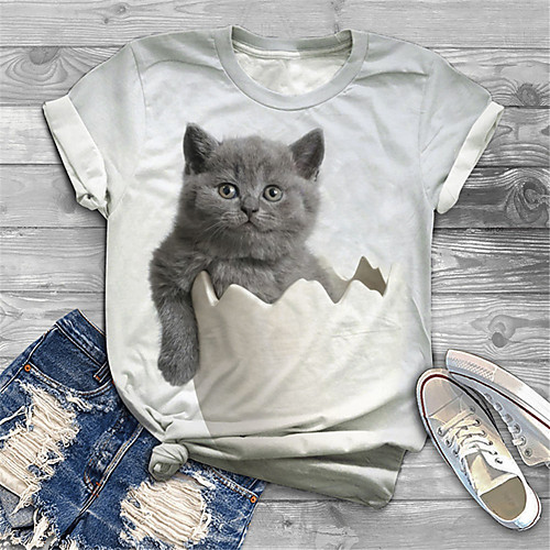 

Women's Plus Size Tops T shirt Cat Graphic Animal Print Short Sleeve Crewneck Basic White Big Size XL XXL 3XL 4XL 5XL / Holiday