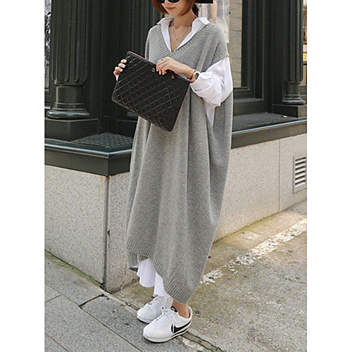 

Women's Shirt Dress Maxi long Dress Gray Long Sleeve Solid Color Fall Winter Casual / Daily Loose 2021 One-Size