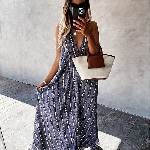 

Women's Swing Dress Maxi long Dress Blue Gray Sleeveless Print Summer Sexy 2021 S M L XL 2XL