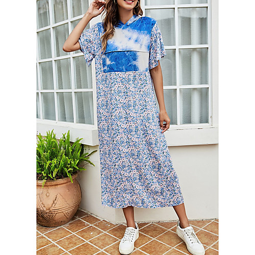 

Women's Shift Dress Midi Dress Blue Short Sleeve Floral Tie Dye Patchwork Print Fall Summer Hooded Elegant Casual 2021 S M L XL