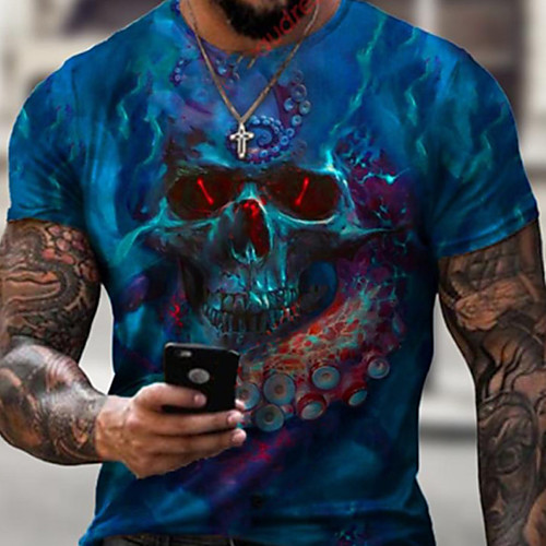 

Men's Tee T shirt Shirt 3D Print Graphic Heart Skull Plus Size Short Sleeve Casual Tops Basic Designer Slim Fit Big and Tall White Blue