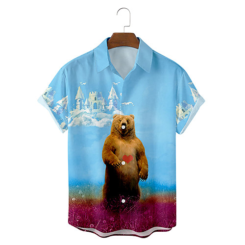 

Men's Shirt 3D Print Graphic Prints Bear Button-Down Short Sleeve Street Tops Casual Fashion Classic Breathable Blue
