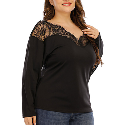 

Women's Plus Size Tops Blouse Shirt Plain Backless Lace Long Sleeve V Neck Basic Spring Summer Black Big Size XL XXL 3XL 4XL