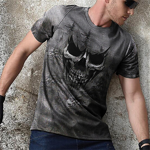 

Men's Tee T shirt 3D Print Graphic Skull Plus Size Short Sleeve Casual Tops Basic Designer Slim Fit Big and Tall Black / Gray