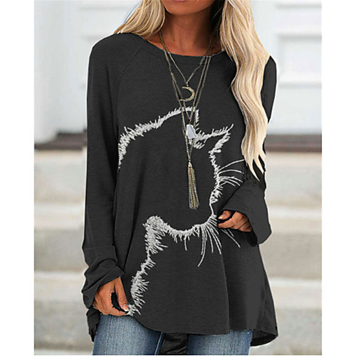 

Women's T shirt Cat Long Sleeve Round Neck Basic Tops Black Khaki Navy Blue