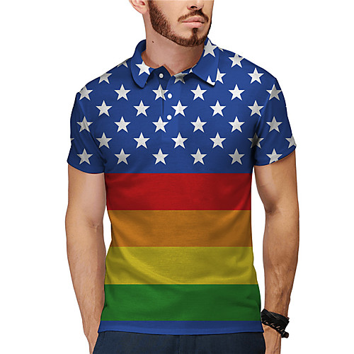 

Men's Golf Shirt Tennis Shirt 3D Print Striped Star Button-Down Short Sleeve Street Tops Casual Fashion Cool Blue / Sports