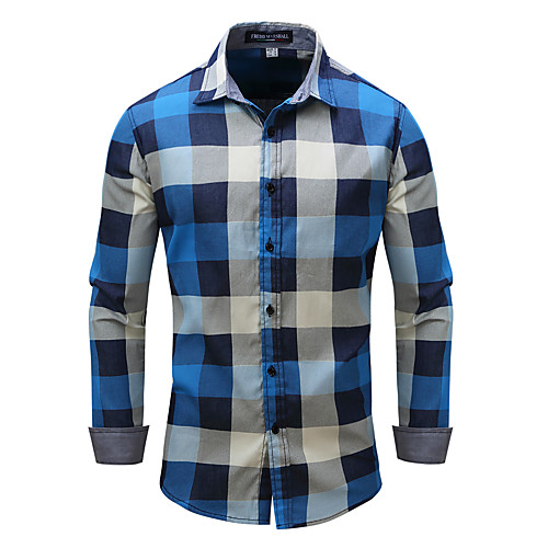 

Men's Shirt Plaid Button-Down Long Sleeve Street Tops Cotton Casual Comfortable Blue
