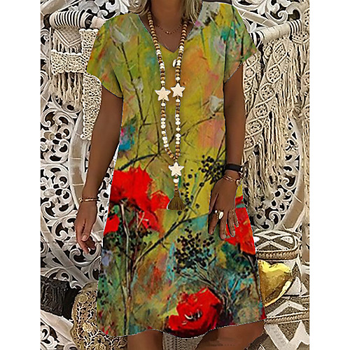 

Women's T Shirt Dress Tee Dress Knee Length Dress Green Short Sleeve Floral Print Print Spring Summer V Neck Casual Holiday 2021 S M L XL XXL 3XL