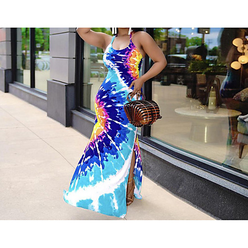 

Women's Strap Dress Maxi long Dress Light Blue Sleeveless Pattern Summer Casual 2021 S M L XL XXL