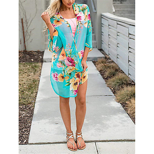 

Women's Swimsuit Cover Up Beach Top Swimsuit Print Floral Blue Green Swimwear V Wire Bathing Suits New Casual / Padless / Cotton