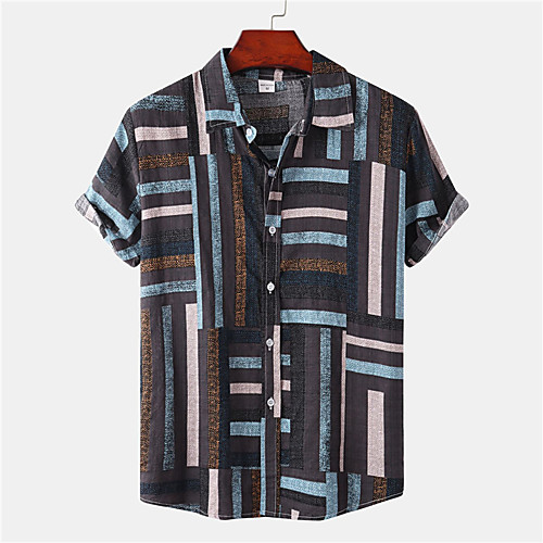 

Men's Shirt Striped Button-Down Short Sleeve Street Tops Casual Hawaiian Comfortable Blue Red Khaki