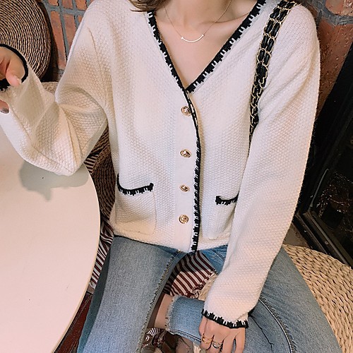 

Women's Solid Color Cardigan Long Sleeve Sweater Cardigans V Neck Creamy-white Black