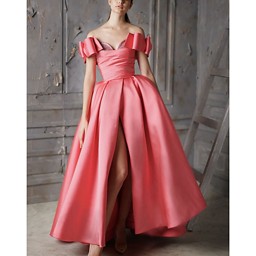 

A-Line Luxurious Sexy Wedding Guest Engagement Dress Off Shoulder Sleeveless Floor Length Satin with Bow(s) Sequin Split 2021