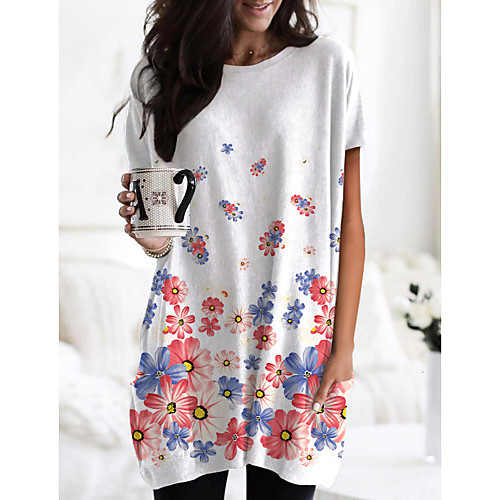 

Women's Floral Theme Painting T shirt Dress Floral Graphic Pocket Print Round Neck Basic Tops White