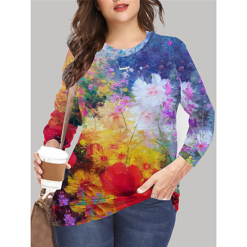 

Women's Plus Size Tops Pullover Sweatshirt Floral Graphic Print Long Sleeve Crewneck Basic Fall Summer Blue Green Big Size XL XXL 3XL 4XL 5XL