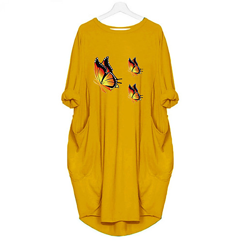 

Women's T Shirt Dress Tee Dress Knee Length Dress Blue Yellow Fuchsia Gray Green White Black Long Sleeve Butterfly Spring Summer Round Neck Casual Oversized 2021 S M L XL XXL 3XL 4XL 5XL