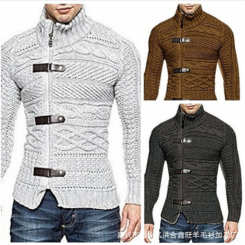 

Men's Stylish Vintage Style Zipper Front Knitted Button Solid Color Geometric Abstract Cardigan Sweater Long Sleeve Sweater Cardigans Stand Collar Turtleneck Fall Winter White Black Brown