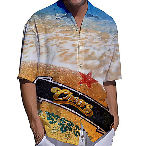 

Men's Shirt 3D Print Beer Plus Size 3D Print Button-Down Short Sleeve Casual Tops Casual Fashion Breathable Comfortable Yellow