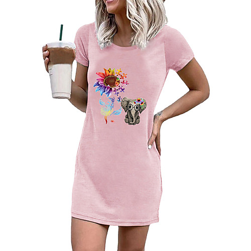 

2021 amazon wish new hot sale base coat baby elephant flower round neck short sleeve mini dress women