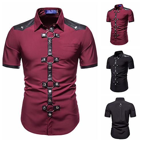 

Men's Shirt non-printing Solid Color Patchwork Short Sleeve Casual Tops Basic Chinoiserie Wine Black / Summer