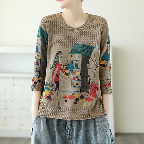 

Women's Pattern Cardigan Cotton Long Sleeve Sweater Cardigans Round Neck Deep coffee Shallow card Beige