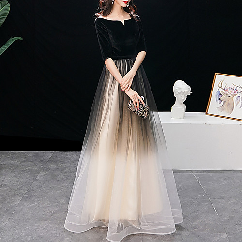 

A-Line Elegant Gradient Prom Formal Evening Dress Jewel Neck Half Sleeve Floor Length Tulle Velvet with Sleek 2021
