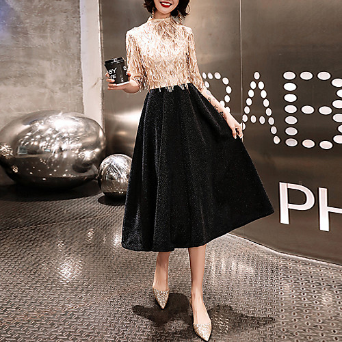 

A-Line Color Block Glittering Party Wear Cocktail Party Dress High Neck 3/4 Length Sleeve Tea Length Spandex Sequined with Sequin Tassel 2021