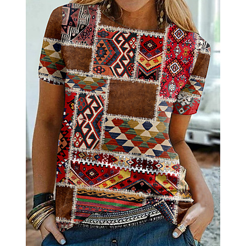 

Women's Geometric Painting T shirt Graphic Geometric Print Round Neck Basic Tops Brown