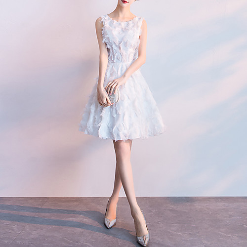 

A-Line Minimalist Elegant Party Wear Cocktail Party Dress Jewel Neck Sleeveless Short / Mini Tulle with Feather Tassel 2021