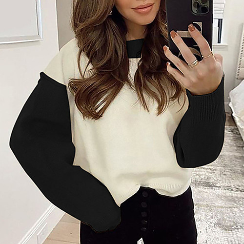 

Women's Knitted Color Block Sweater Long Sleeve Sweater Cardigans Crew Neck Fall Army Green Black Beige