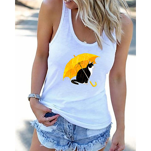 

Women's Beach 3D Cat Tank Top Vest T shirt Cat Animal Print U Neck Basic Streetwear Tops White Black Gray