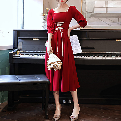 

A-Line Elegant Vintage Party Wear Prom Dress Scoop Neck 3/4 Length Sleeve Tea Length Stretch Fabric with Sash / Ribbon 2021