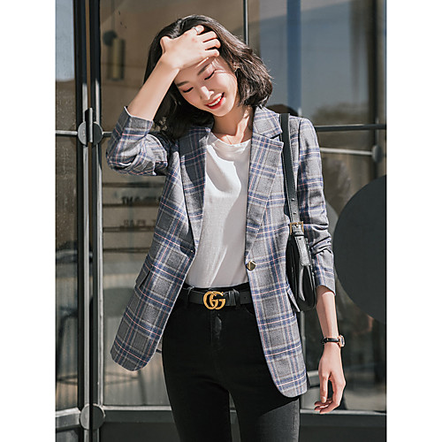 

Women's Coat Daily Wear Fall Winter Regular Coat Regular Fit Casual / Daily Jacket Plaid / Check Pocket Purple Gray
