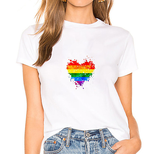 

Women's Painting T shirt Rainbow Heart Print Round Neck Basic LGBT Pride Tops White