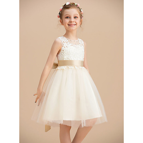 

A-Line Knee Length Flower Girl Dresses Party Tulle Sleeveless Jewel Neck with Appliques