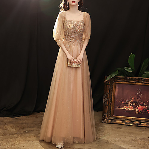 

A-Line Glittering Elegant Prom Formal Evening Dress Scoop Neck 3/4 Length Sleeve Floor Length Tulle with Sequin Appliques 2021