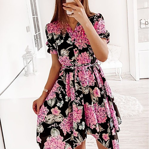 

Women's Swing Dress Knee Length Dress White safflower Sky blue flower Black Short Sleeve Floral Print Spring Summer Casual 2021 S M L XL 2XL