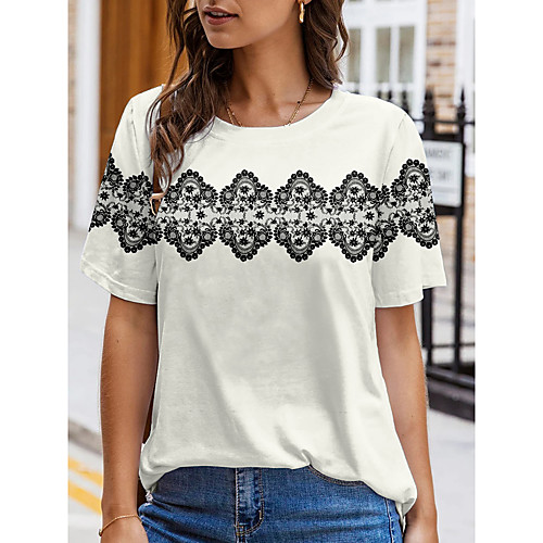 

Women's Painting T shirt Graphic Color Block Print Round Neck Basic Tops White Black