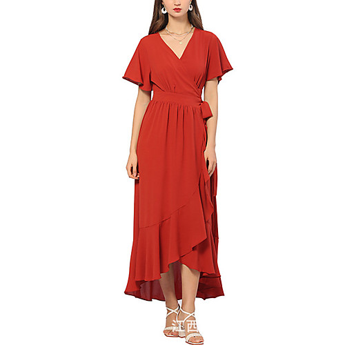 

Women's Swing Dress Maxi long Dress Light Blue Red Apricot Short Sleeve Solid Color Spring Summer Casual / Daily 2021 M L