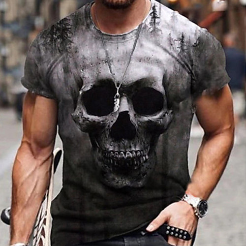 

Men's Tee T shirt Shirt 3D Print Graphic Skull Plus Size Short Sleeve Casual Tops Basic Designer Slim Fit Big and Tall Gray
