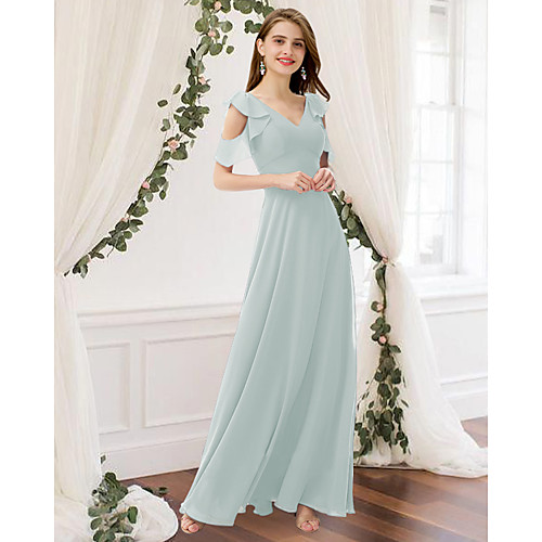 

A-Line V Neck Floor Length Chiffon Bridesmaid Dress with Pleats / Ruffles