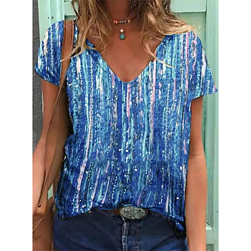 

Women's Abstract Painting T shirt Color Block Tie Dye Print V Neck Basic Tops Blue Purple Red