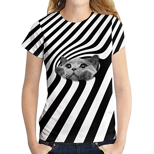 

Women's 3D Cat Painting T shirt Striped Cat 3D Print Round Neck Basic Tops Black