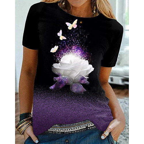 

Women's Floral Theme Painting T shirt Floral Butterfly Print Round Neck Basic Tops Purple