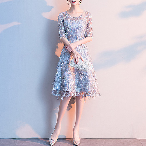 

A-Line Sparkle Elegant Party Wear Cocktail Party Dress Jewel Neck Long Sleeve Knee Length Tulle Sequined with Sequin Tassel 2021