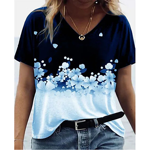 

Women's 3D Printed T shirt Flower V Neck Basic Tops Blue Wine Green