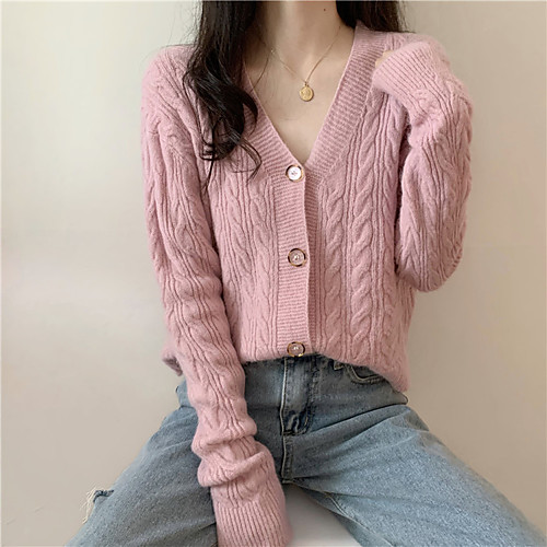 

Women's Solid Color Cardigan Long Sleeve Sweater Cardigans V Neck White Blushing Pink khaki